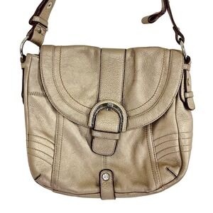 Isaac Mizrahi Leather Shoulder Bag Metallic Gold Flap Saddle Purse‎